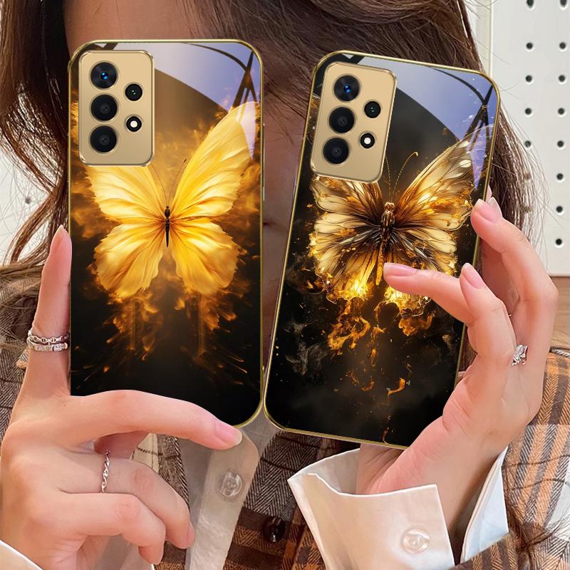 Теплая бабочка с пламенем для Samsung A 01 52S A04 A05S A10 A12 13 22 23 24 36 42 M02 Note 10 20Ultra 8 9 Золотой стеклянный чехол для телефона