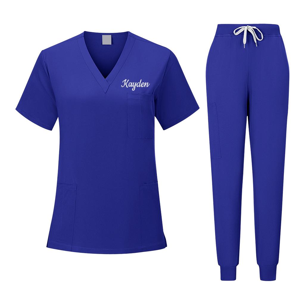 Персонализированный Пользовательский Вышитый Текст Унисекс V-образный вырез Однотонный Быстросохнущая Ткань Тонкая Клиническая Рабочая Одежда Одежда для Ручной Стирки Одежда