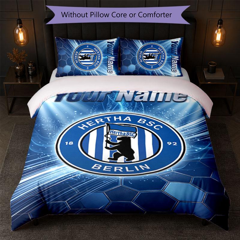hertha bsc Custom Name Text Bedding Set 1 Duvet Cover+2 Pillowcases Soccer Logo Personalized Gift For Special Occasion Bedroom Decor