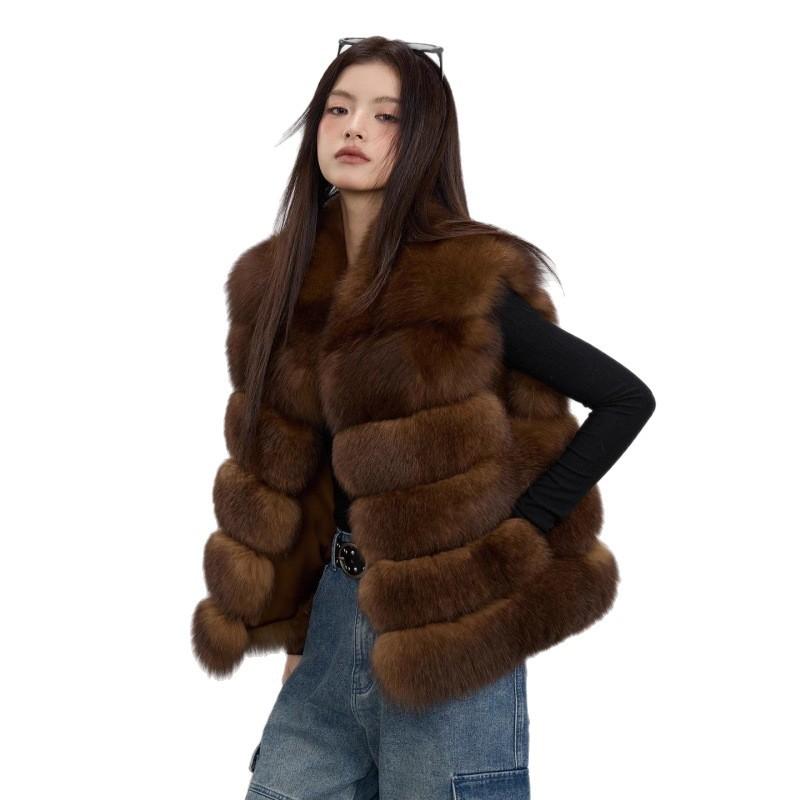 Новый жилет из лисьего меха женский молодежный короткий натуральный мех цельная кожа легкая роскошь горизонтальный ряд меховой жилет