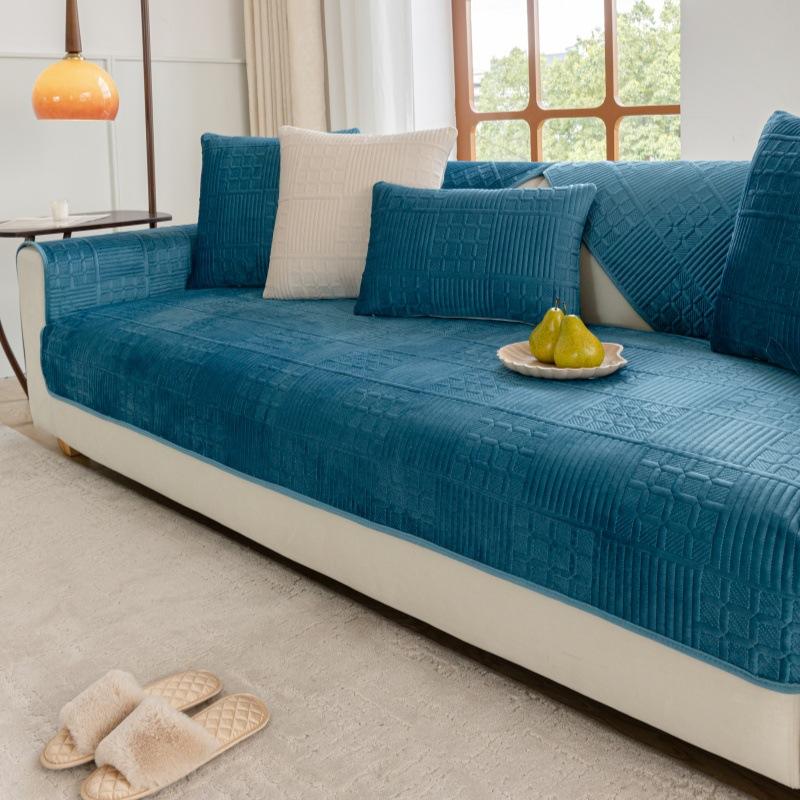 Nordic Simple Solid Color Modern Plush Sofa Cushion Four Seasons Universal Embroidery Non-Slip Seat Cushion Dutch Velvet Sofa Cover Towel