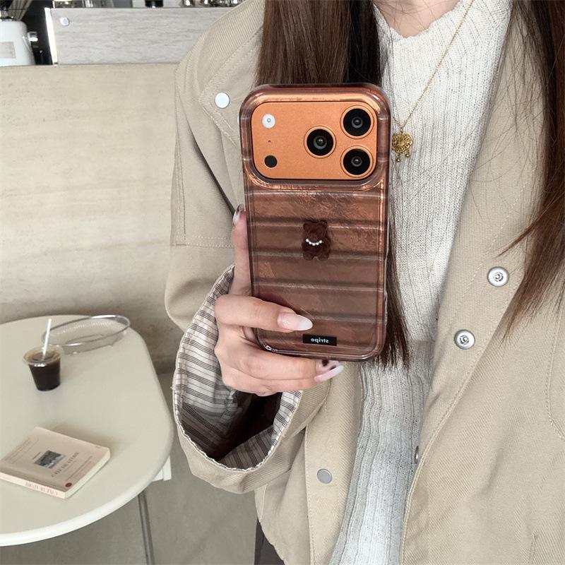 Японский и корейский 3D чехол-медведь в полоску для iPhone 17/16 Pro Max/15/14 - Новый дизайн для девушек