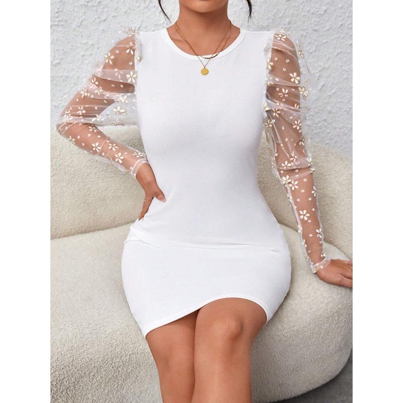 Women's Fashion Spring Fall Solid Color Print Long Sleeve O-Neck High Waist Casual Dresses