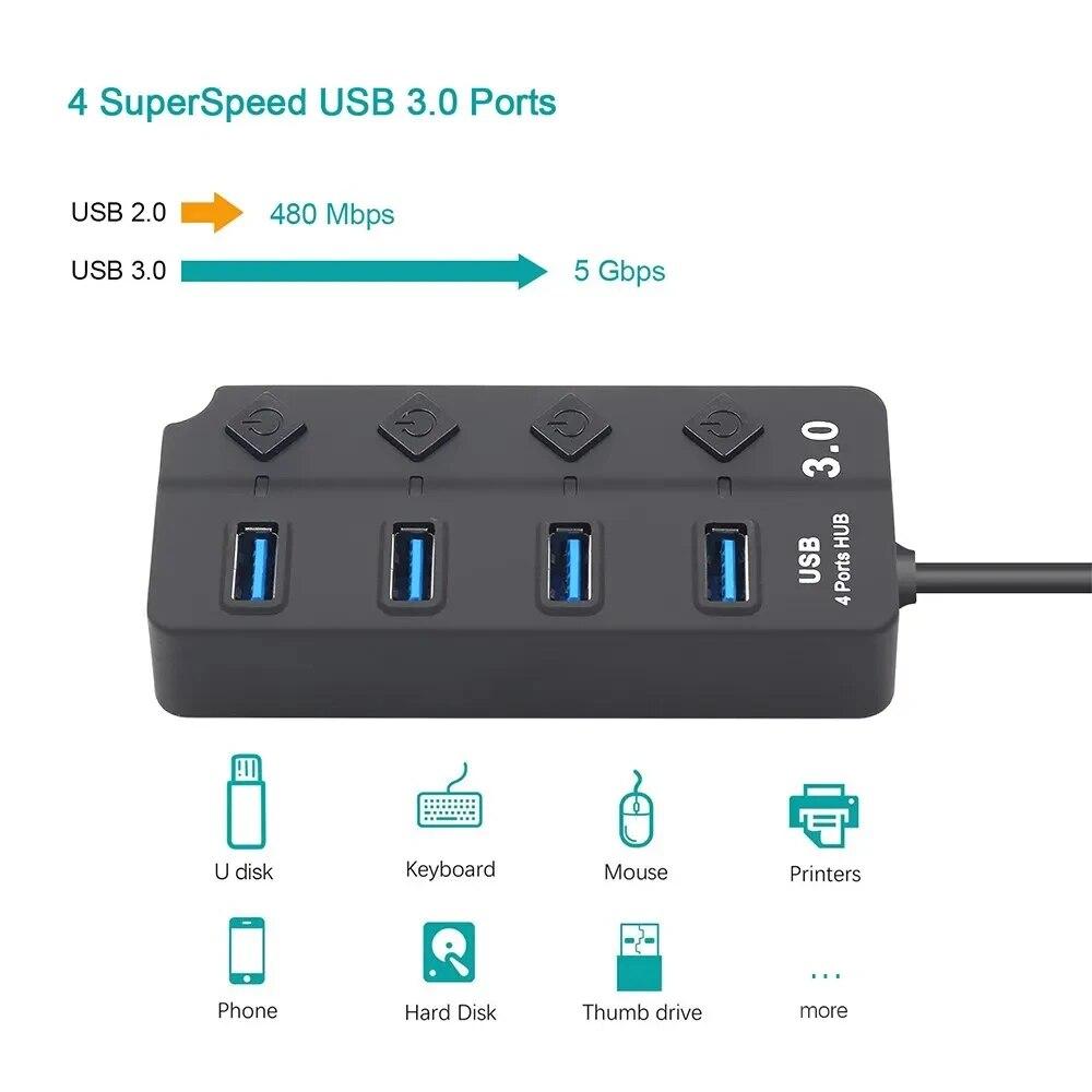 USB-концентратор 3.0 4-в-1, USB 2.0-разветвитель, Мультипортовый адаптер, Независимый выключатель питания, Удлинитель C?ble Де 3