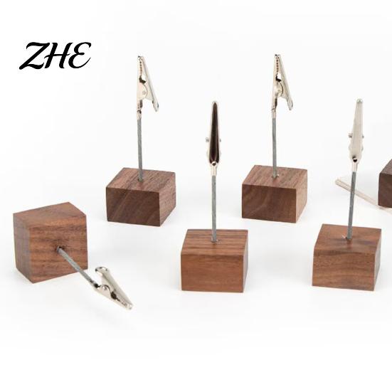 Desktop Memo Stand Wooden Cube Clip Stand, Note Display Solid Wood Square Base Business Receipt Organizer Card Holder, Vertical Holder for Wedding