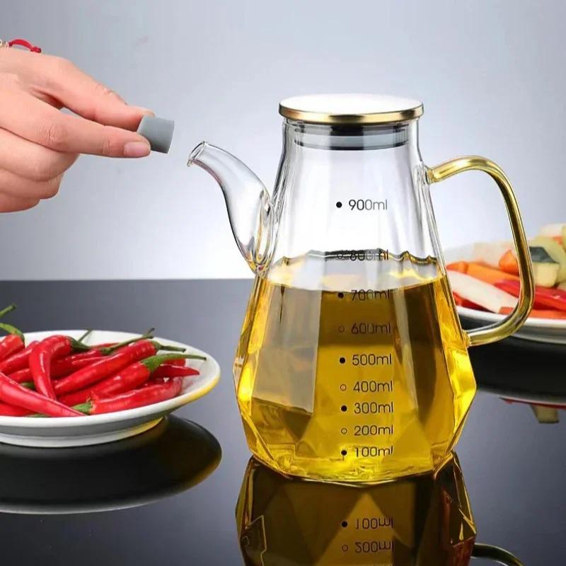 500/700/900ml Diamond Glass Oil Pots Leak Proof Oil Pot with Scale and Handle Kitchen Sauce Vinegar Condiment Storage Container