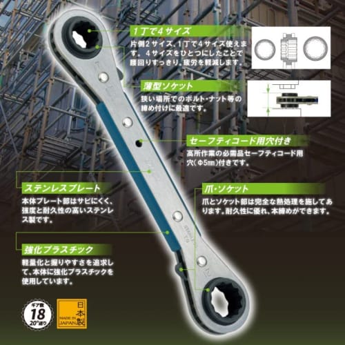 TOP Industrial (TOP) 4-Size Plate Ratchet Wrench, 13x14mm, 15x17mm, 20 Feed, 12-Point, Stainless Steel, PRW-5, Tsubame-Sanjo, Made In Japan