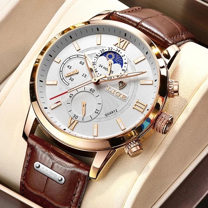 2021 LIGE Watches Mens Top Brand Luxury Clock Casual Leathe 24Hour Moon Phase Мужские часы Спортивные водонепроницаемые кварцевые хронографы + коробка