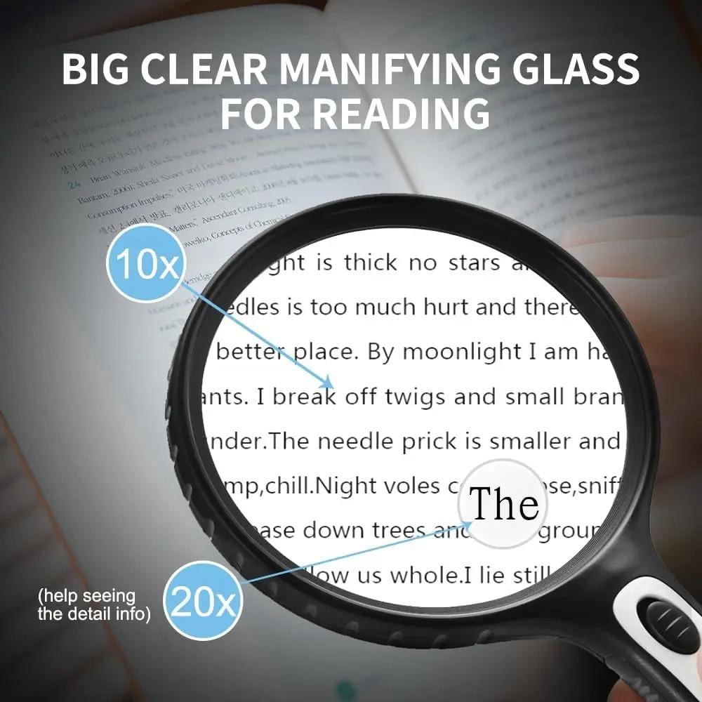 Лупа с подсветкой, 10x 20x увеличитель с 4 светодиодными лампами, лупы для чтения для пожилых, детей, помощник для работы вблизи