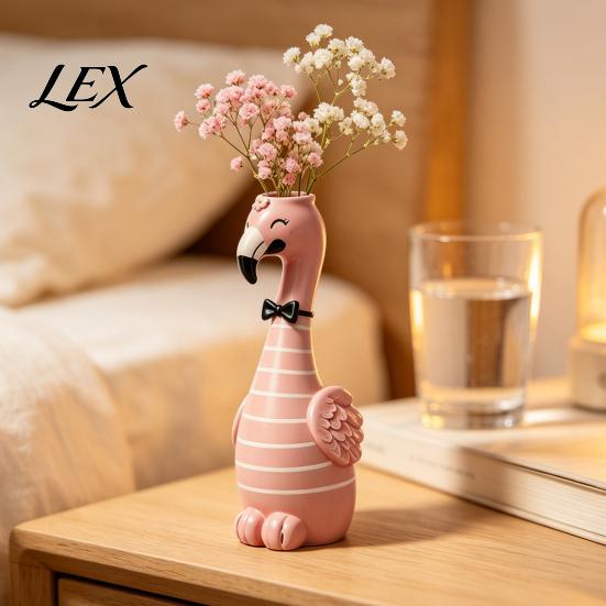 Creative Birthday Gift for Women Cute Resin Flamingo Decorative Vase, Pink Flower Holder Figurine, Artistic Floral Container Tabletop Ornament