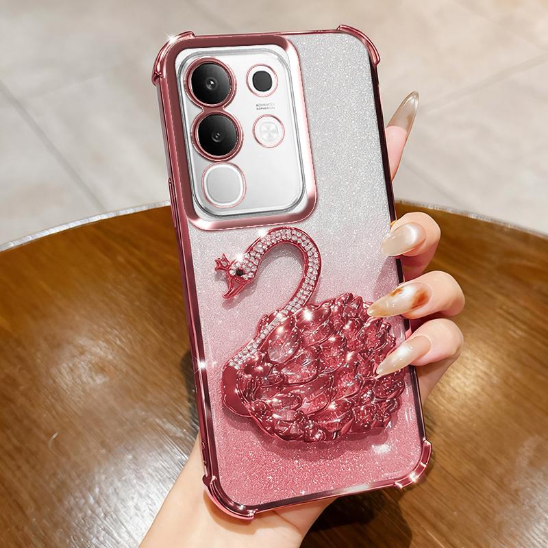KEYSION Противоударный чехол с гальваническим покрытием для VIVO Y29 4G Прозрачный Мягкий ТПУ Блестящий Чехол-подставка в виде лебедя с драгоценными камнями Задняя крышка для IQOO Z10X 5G