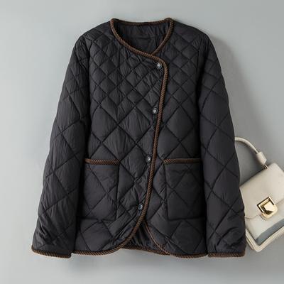 2024 Осень Niche Design Sense Женская одежда Rhombus Grid Легкая и тонкая короткая куртка-пуховик с круглым вырезом и диагональной планкой, тонкая куртка