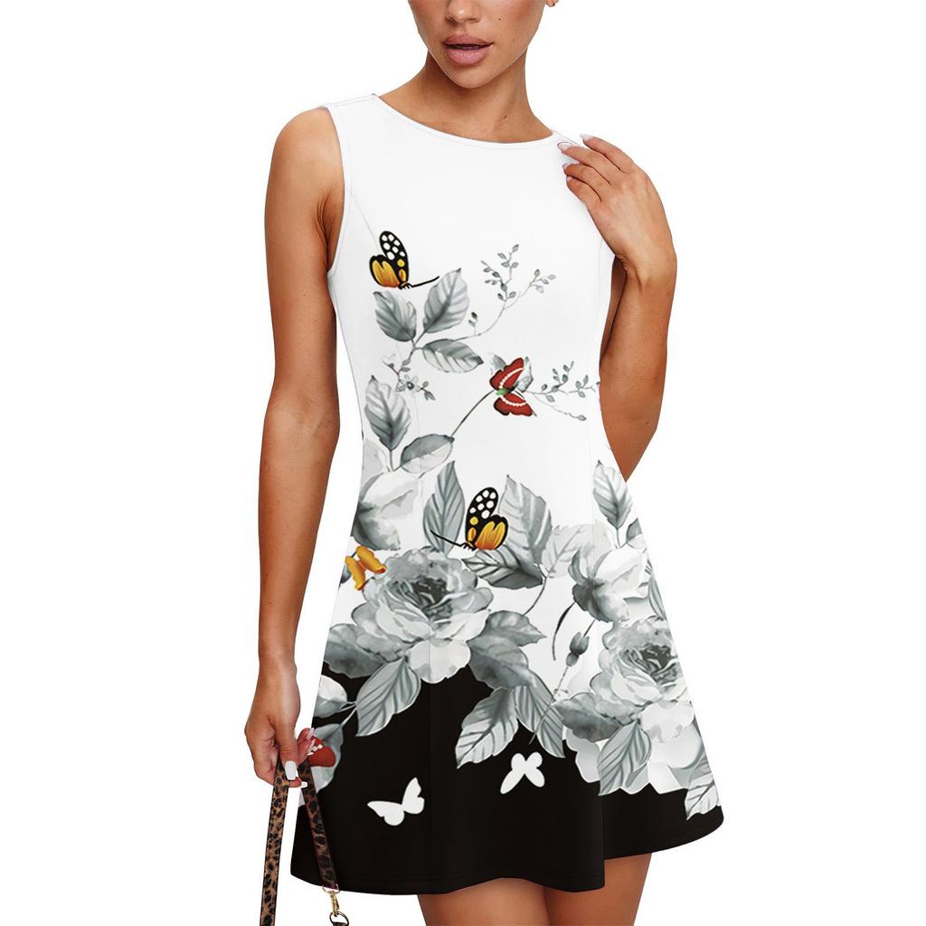 Women's Fashionable Casual Printed Sleeveless Round Neck Dress Sleeveless Round Neck Dress