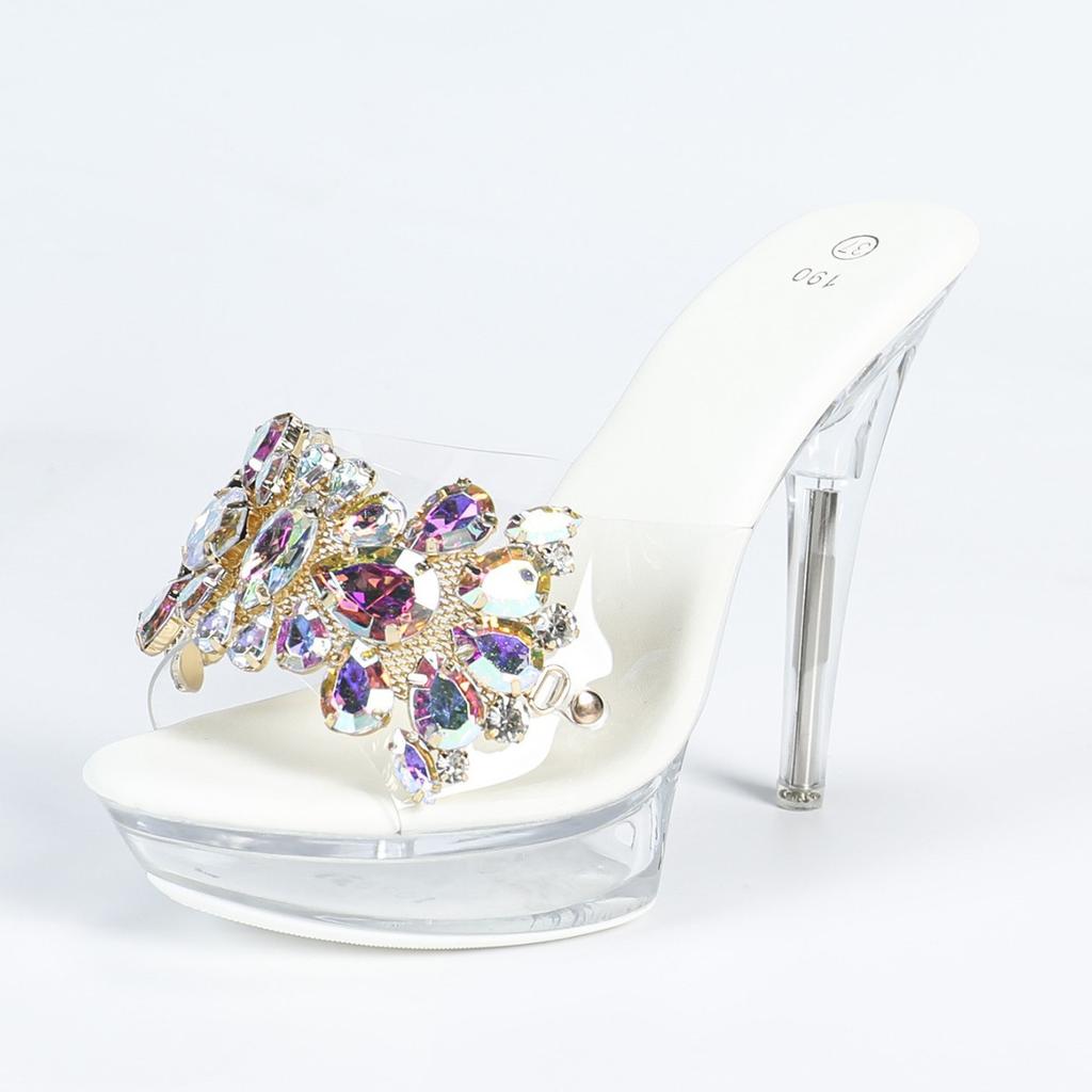1099-Q17 Rhinestone Sexy High Heels 13CM Thin Heel Waterproof Table Slippers Transparent Crystal Shoes Wedding Shoes Banquet