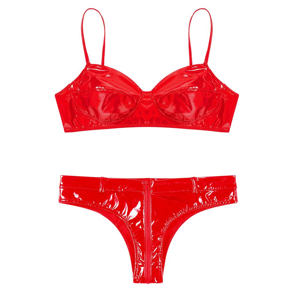 Women Patent Leather Lingerie Set Wet Look Bra Top Wire Free No Padding Zipper Crotch Low Rise Briefs