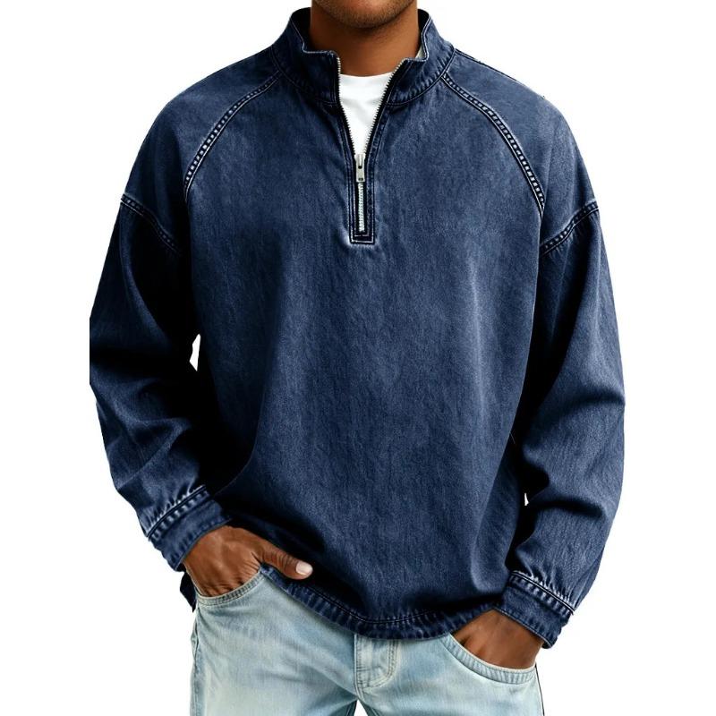 Весна Осень Воротник-стойка Винтажная Однотонная Футболка Мужская С Длинным Рукавом Пуловер на Молнии Топ Мужская Повседневная Универсальная Футболка