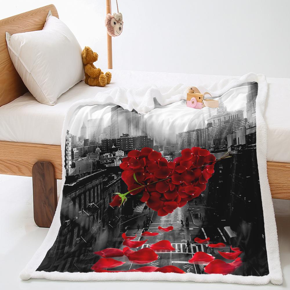 Black and white rose 2D digital printing thickened lamb wool crystal fleece blanket one piece