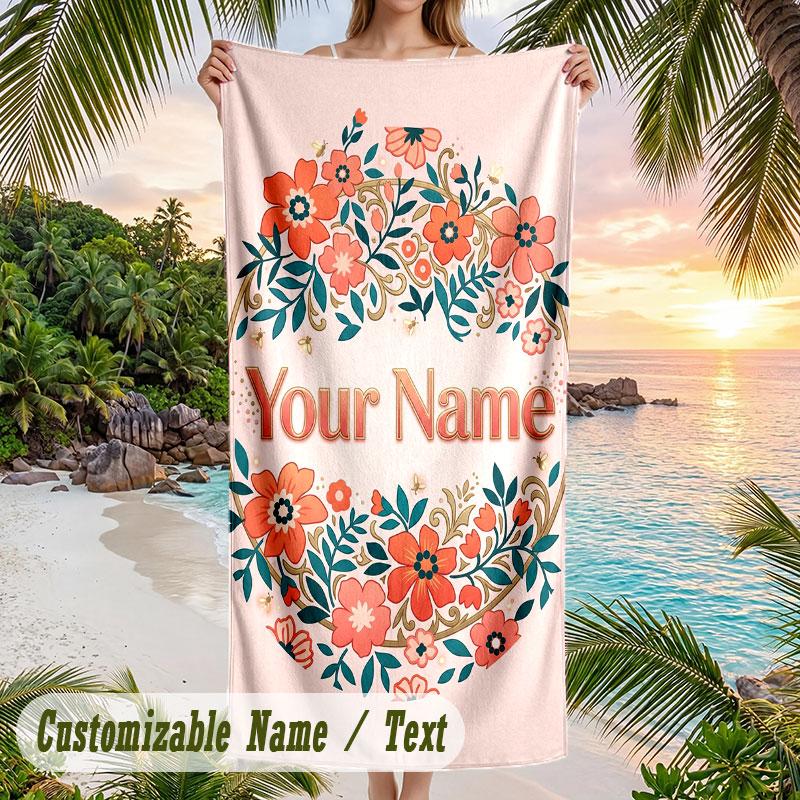 Floral Cat Portrait 1 Theme Quick Dry Beach Towel Custom Name Text Print Large Sand Resistant Towel Beach Vacation