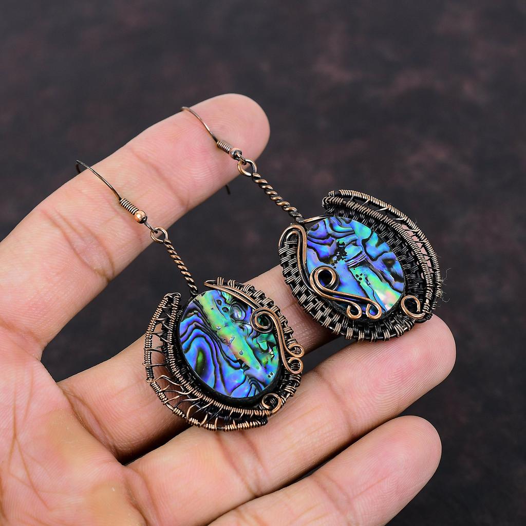 Серьги из ракушек-абалонов, драгоценные камни, серьги из медной проволоки, уникальные серьги ручной работы, украшения из ракушек-абалонов, подарок для нее, этнические серьги