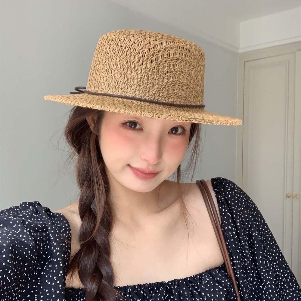 Sun Protection Straw Boater Hat Breathable Mesh Flat Top Beach Hat Handwoven Sun Cap Resort Wear