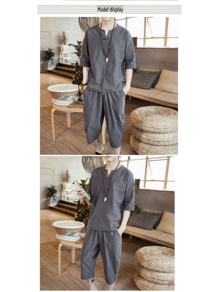 Men's Chinese Linen Pajama Set: Short Sleeve Hanfu Top with Frog Buttons and Cotton Linen Capri Pants In Trendy Loose Fit