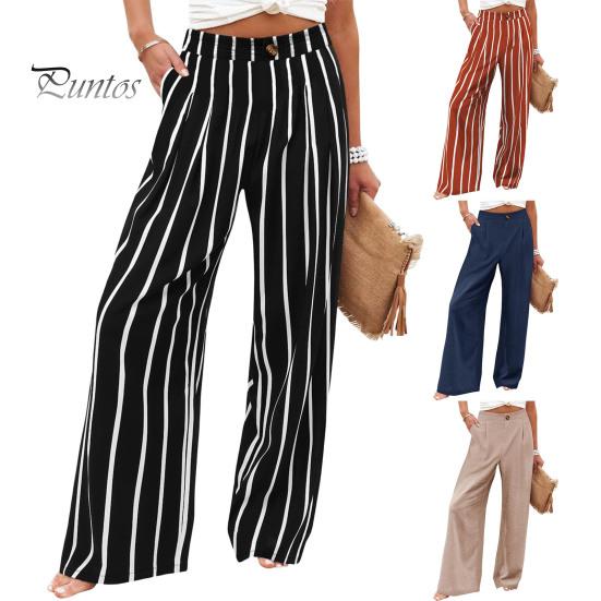 Женские брюки на пуговицах на молнии, длинные брюки с высокой талией, прямые широкие длинные брюки с полосатым принтом
