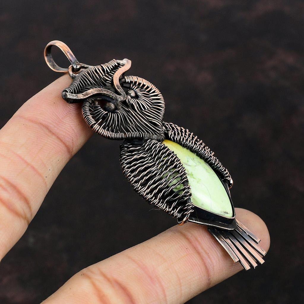 Кулон с лимонным хризопразом, медная проволока, кулон с драгоценным камнем, новейший дизайн, ювелирные изделия, кулон из медной проволоки ручной работы, кулон с совой для подарка