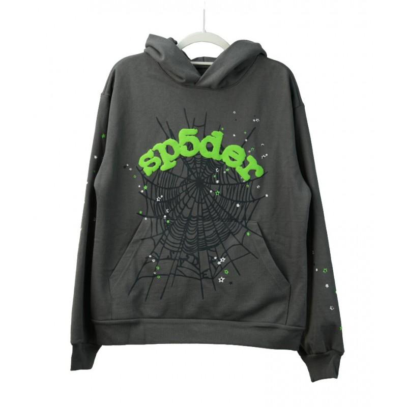Sp5der Hoodie Oversized Thick Fleece Sweatshirt With Foil Print Spiderweb Design Men Winter Casual Wear