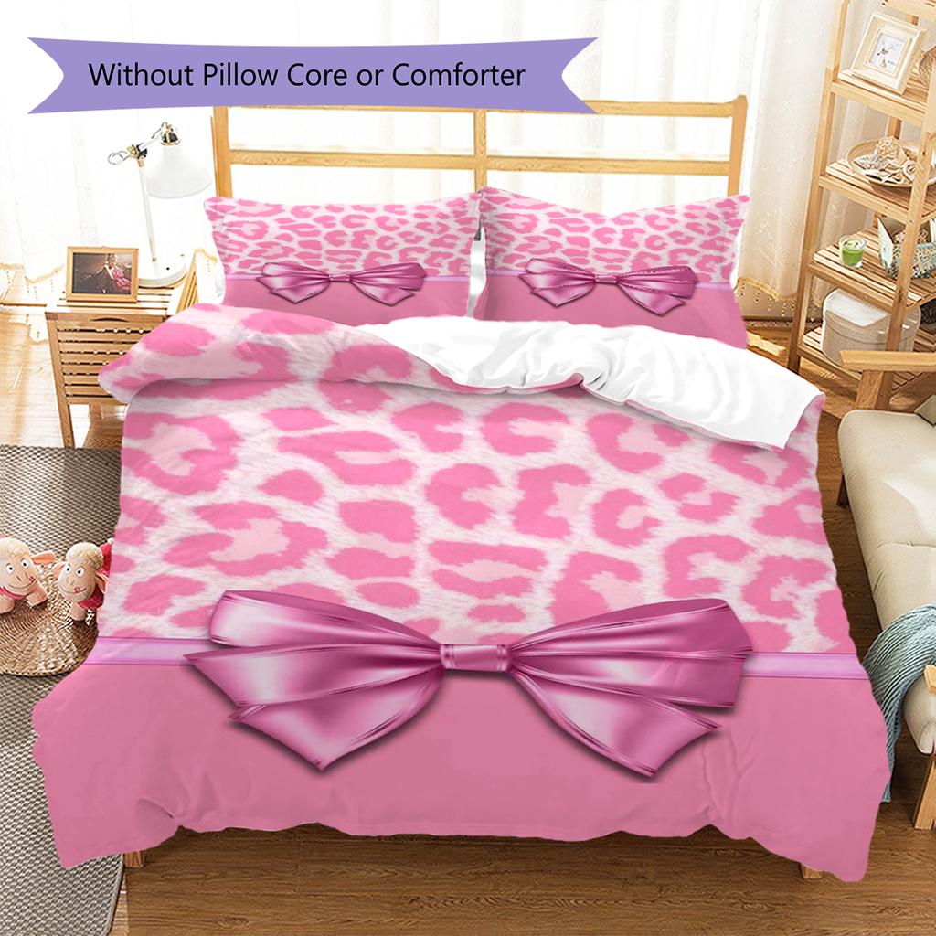 Pink Bowknot Leopard Pattern Bedding Quilt Set Quilt Cover Pillowcase Home Decoration Gift (1 * duvet cover + 2 * pillowcase, without core)