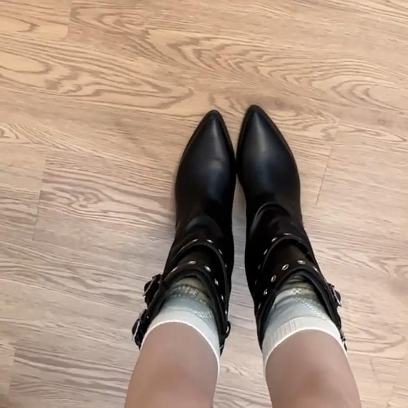 Модные осенние винтажные женские ботинки-казаки на толстом каблуке, элегантные женские полусапожки до середины икры в современном стиле, слипоны с модной пряжкой на ремне