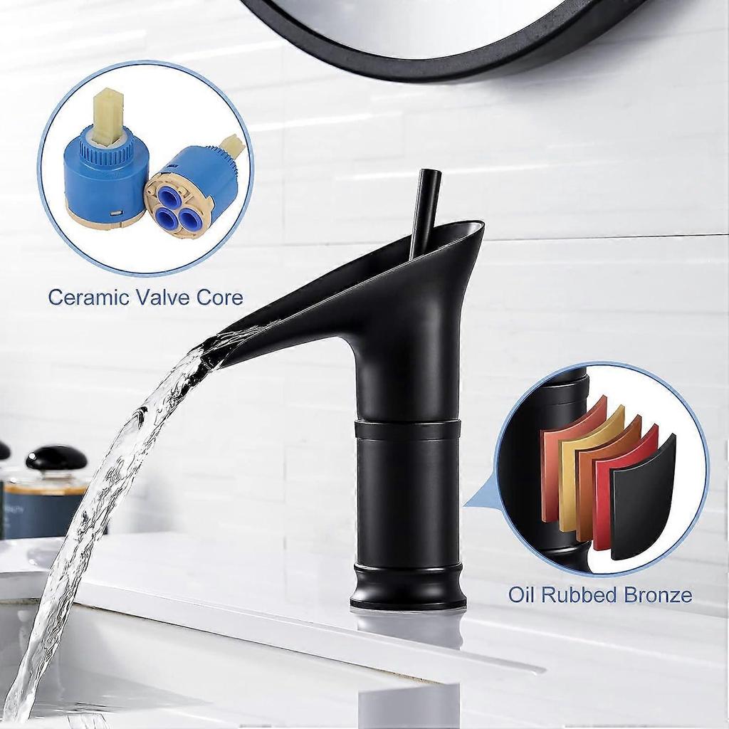 Bathroom Waterfall Basin Mixer Tap Black Brass Single Lever Washbasin Mixer Tap Bathroom Wash Basin Tap for Hot and Cold Water