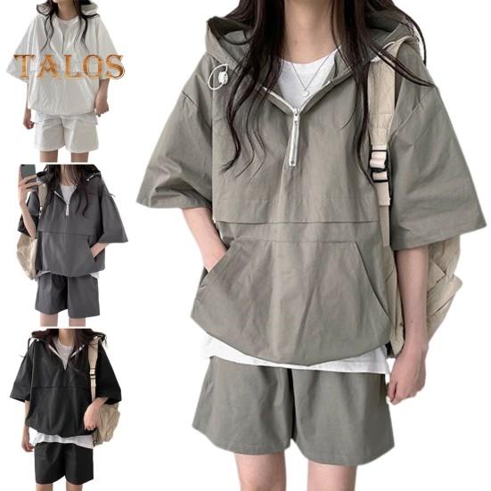 2 шт./компл., женские шорты с капюшоном, комплект с половиной молнии с капюшоном, рукав три четверти, свободный топ с большим карманом, эластичный пояс, короткие штаны, тонкий повседневный спортивный наряд