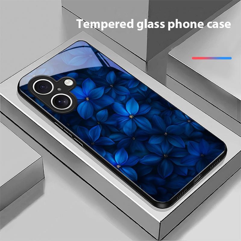 Синие и белые цветы Для Apple iPhone 16E 16 E 11 13 15 P ro 14 Pro Max 12 Mini 7 8 Plus XS Черный чехол для телефона из закаленного стекла