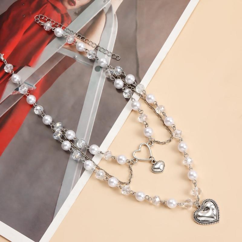 Multilayer Clavicle Chain Stylish Pearls Heart Neckachain Love Pendant Necklace for Women Girls Unique Jewelry Gift