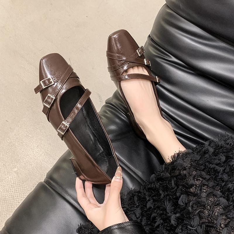 Fashion Women's Coarse Heel Shoes Autumn New Square Head Shallow Mouth Belt Buckle Soft Sole Anti-slip Wear-resistant Low-top Shoes