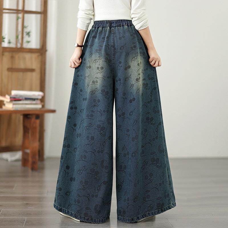 Plus Size Vintage Floral High Waist Casual Loose Women Spring Summer Autumn Jeans Denim Wide Leg Pants