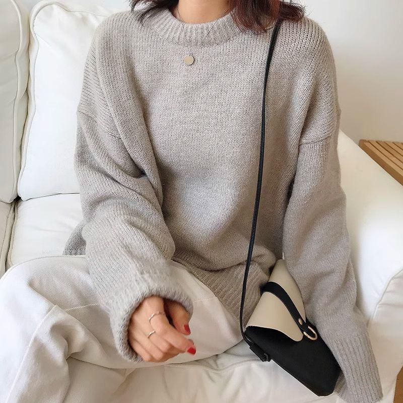 Autumn Winter Simplicity Loose Solid Color Knitwear Women Vintage Office Lady Sweater All-match Casual Knitting Tops