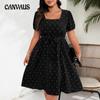 Plus Size Women's Elegant Vintage Polka Dot Waist Strap Square Neck Swing Dress