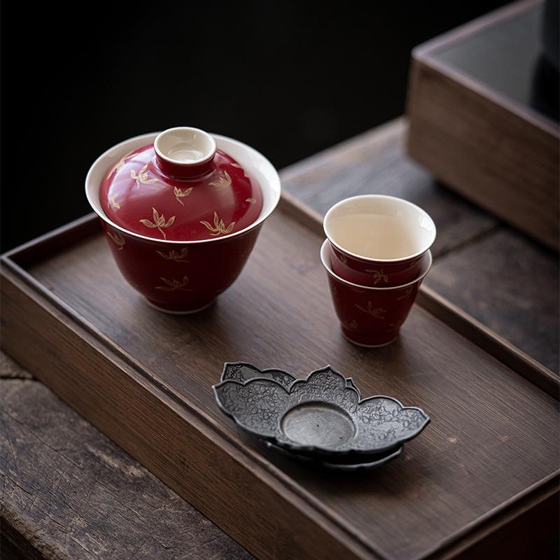 Red Ceramic Teacup Porcelain Tea Tureen Handmade Orchid Bowl Chinese Kung Fu Gongfu Gaiwan Retro Teaware Drinkware Tea Ceremony