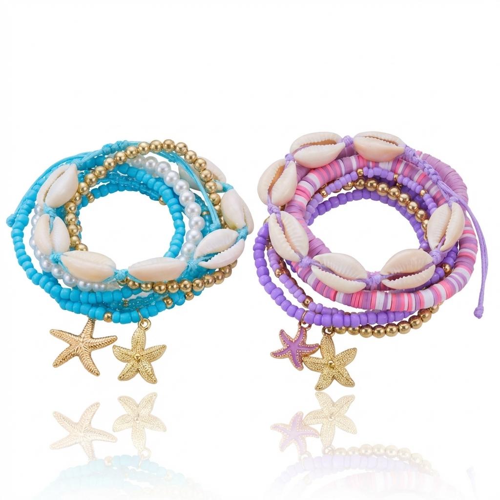 Набор эластичных браслетов из разноцветных ракушек-звездочек Дофамин для женщин, богемная цепочка Хейши, летние украшения для вечеринки, подарок