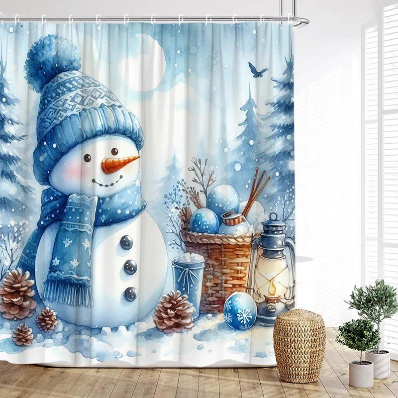 Cute Snowman Shower Curtain Winter Forest Pine Tree Snowflake New Year Christmas Bath Curtains Fabric Bathroom Decor With Hook