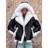 Men's Coat Pu Leather Contrasting White Hooded Fur One-piece Coat