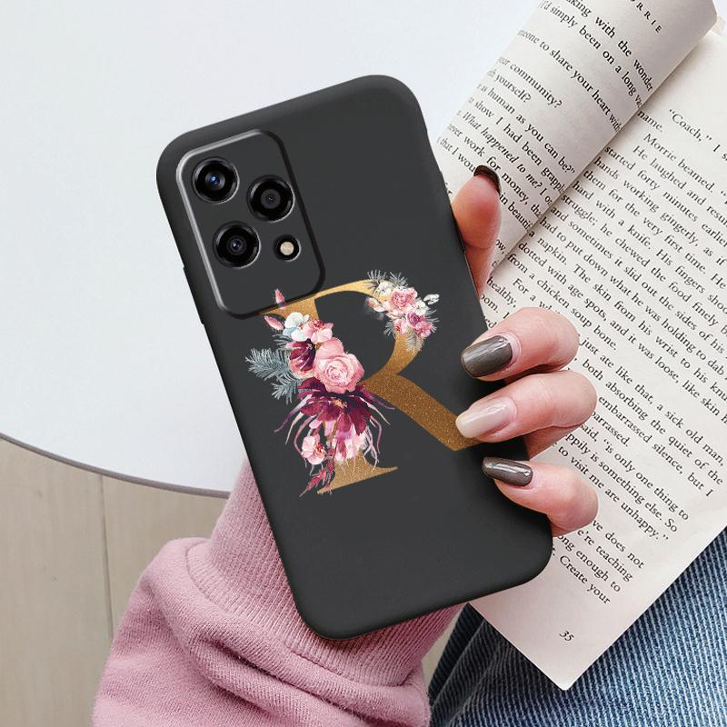 Золотой Чехол-Буквы Для Honor 200 Pro Lite Умный Черный Чехол Мягкая Крышка Для Honor 200Lite Защитный Ударопрочный Funda Розовый Цветок
