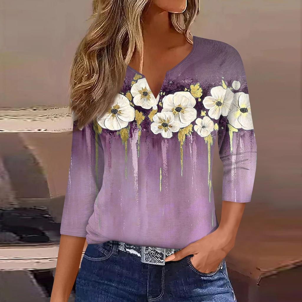 Жен. Футболка Футболка С принтом Пуговицы Рукав 3/4 Повседневные Выходные Мода Классический Классический V-образный вырез Обычный Верх