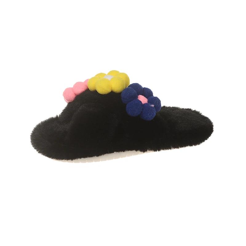 Новые милые зимние меховые тапочки для девочек, элегантные детские тапочки с цветочным принтом, теплые домашние тапочки для принцесс, модная мягкая универсальная детская повседневная обувь