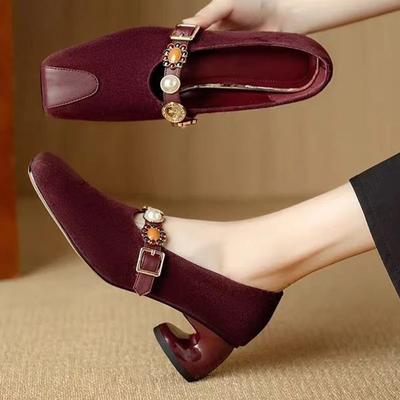 Элегантные женские туфли на высоком каблуке, дизайнерские замшевые туфли с кристаллами и пряжкой на плоской подошве, тренд 2025 года, новые модные туфли-лодочки на каблуках из осенней ткани
