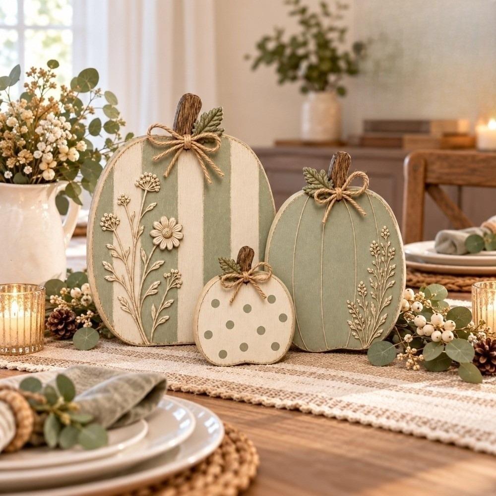 3 pcs Home Decor Wildflower Pumpkin Figurine Dots Flower Tabletop Ornament Fall Season