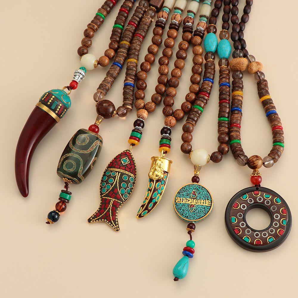 Винтажные этнические украшения, подарок на удачу, ручная работа, мала, деревянные бусины, рог, кулон в виде рыбы, буддийское ожерелье в стиле Непала