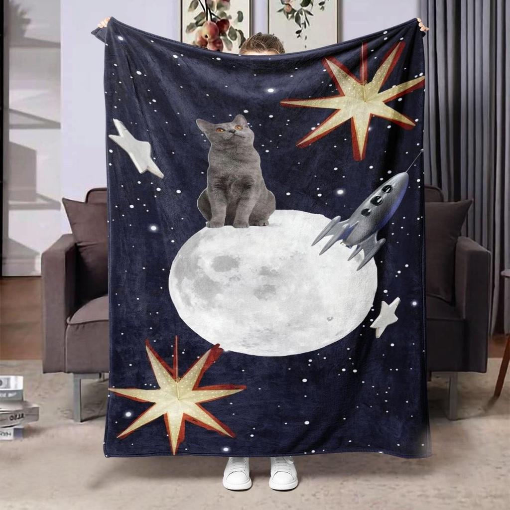Кот на Луне Флисовое одеяло Дизайн «Космическое приключение» Мягкое Уютное Плед Декор для дома для гостиной или спальни Подарок для любителей кошек