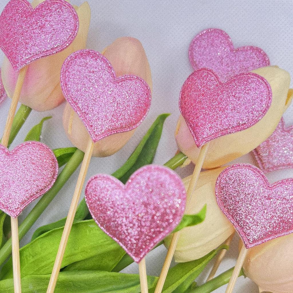 100pcs Glitter Pink Heart Cake Toppers Heart Cupcake Toppers Valentine's Day for Sweet Love Theme Wedding